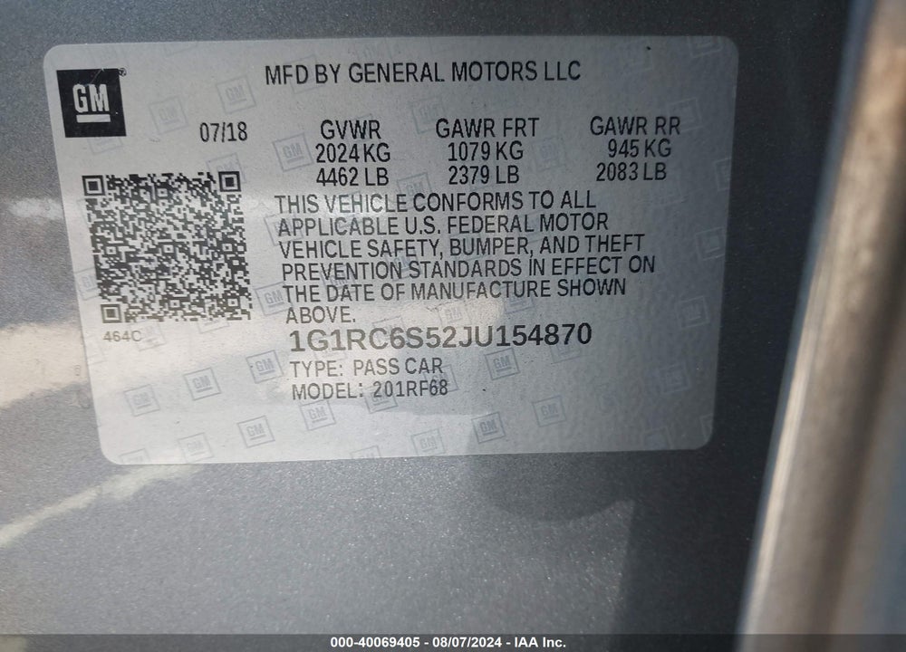 2018 CHEVROLET VOLT VIN: 1G1RC6S52JU154870