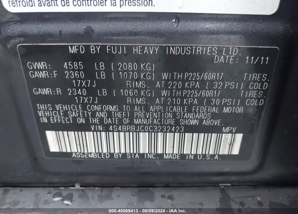 2012 SUBARU OUTBACK 2.5I LIMITED VIN: 4S4BRBJC0C3232423