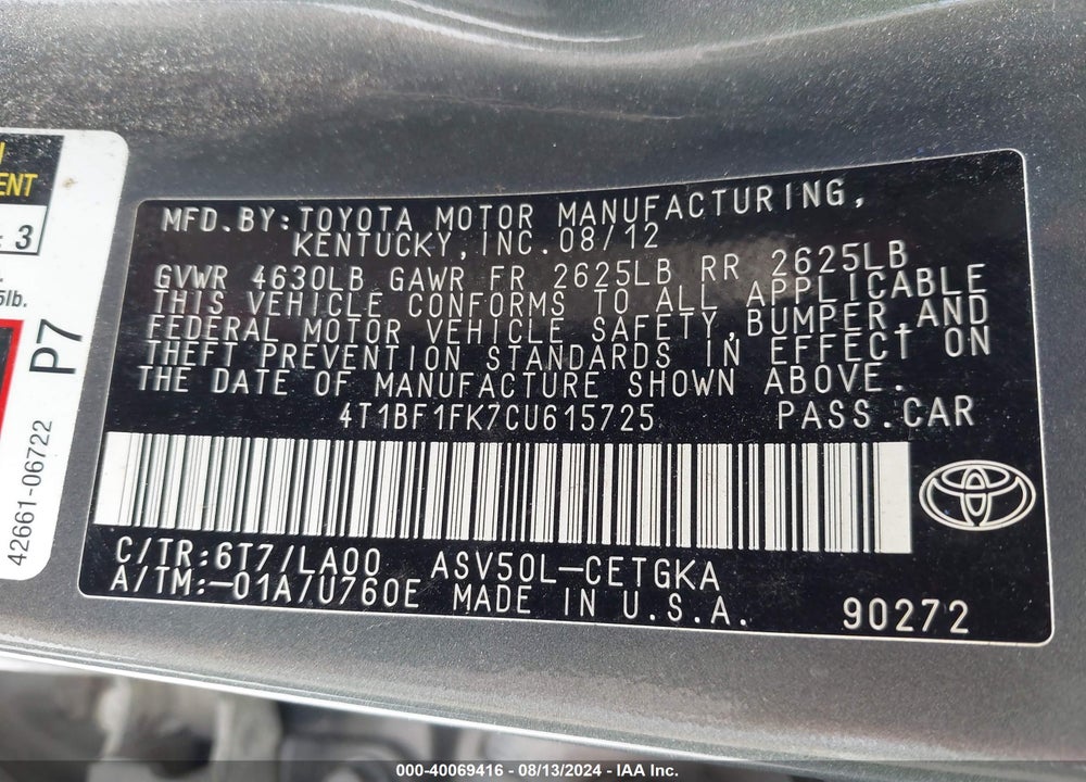 2012 TOYOTA CAMRY XLE VIN: 4T1BF1FK7CU615725