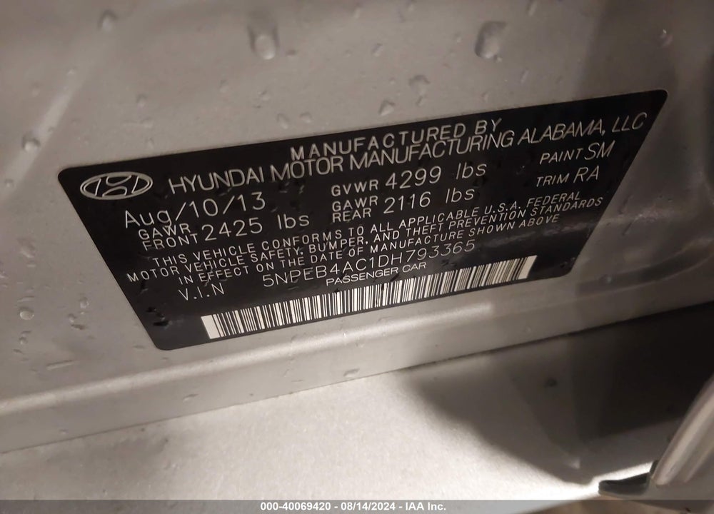 2013 HYUNDAI SONATA GLS VIN: 5NPEB4AC1DH793365