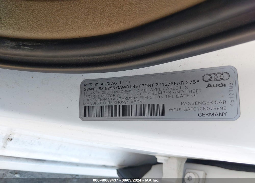 2012 AUDI A6 3.0 PREMIUM VIN: WAUHGAFC1CN075896