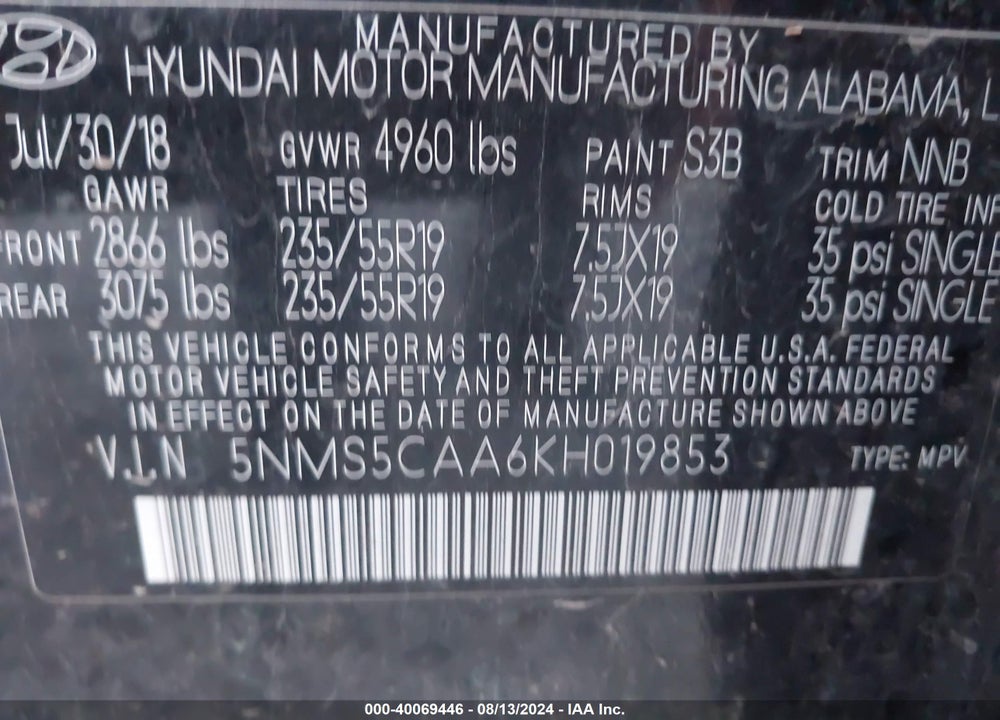 2019 HYUNDAI SANTA FE LIMITED 2.0T VIN: 5NMS5CAA6KH019853