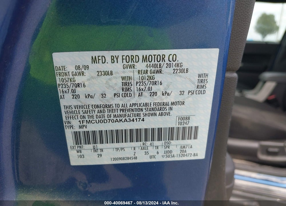2010 FORD ESCAPE XLT VIN: 1FMCU0D70AKA34174