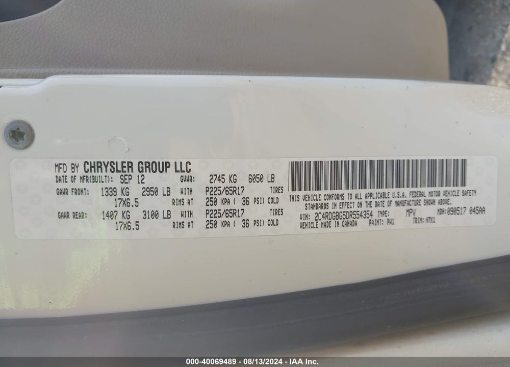 2013 DODGE GRAND CARAVAN VIN: 2C4RDGBG5DR554354