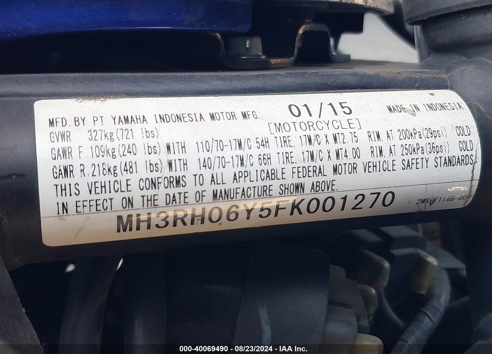 2015 YAMAHA YZFR3 VIN: MH3RH06Y5FK001270