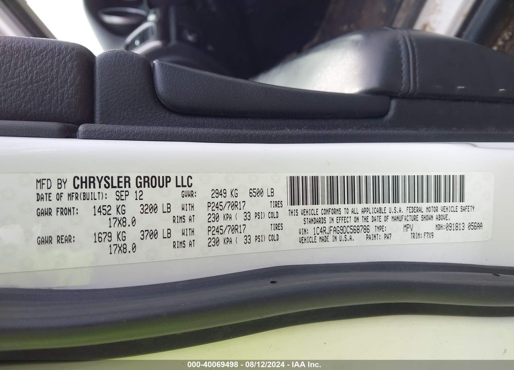 2013 JEEP GRAND CHEROKEE VIN: 1C4RJFAG9DC568786