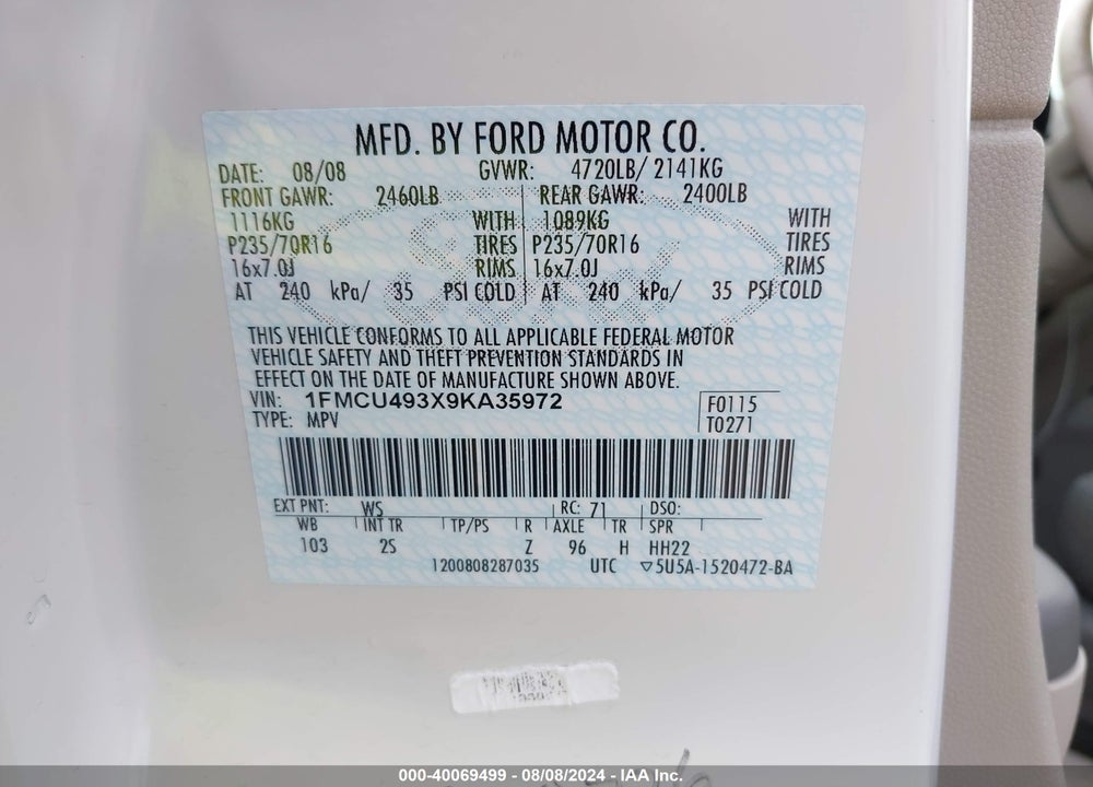 2009 FORD ESCAPE HYBRID LIMITED VIN: 1FMCU493X9KA35972