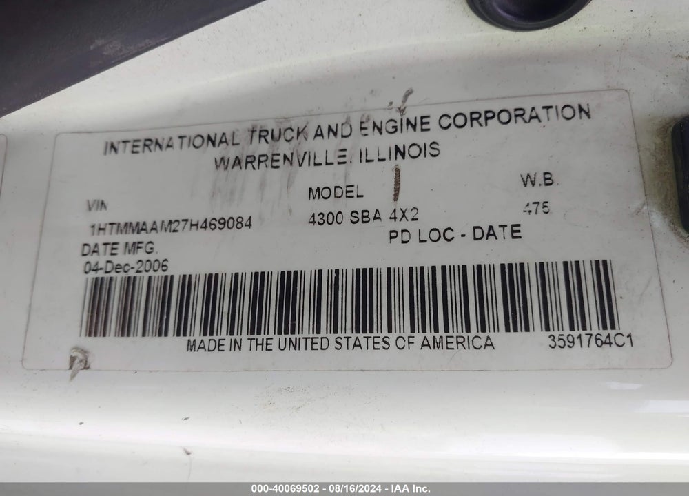 2007 INTERNATIONAL 4000 4300 VIN: 1HTMMAAM27H469084