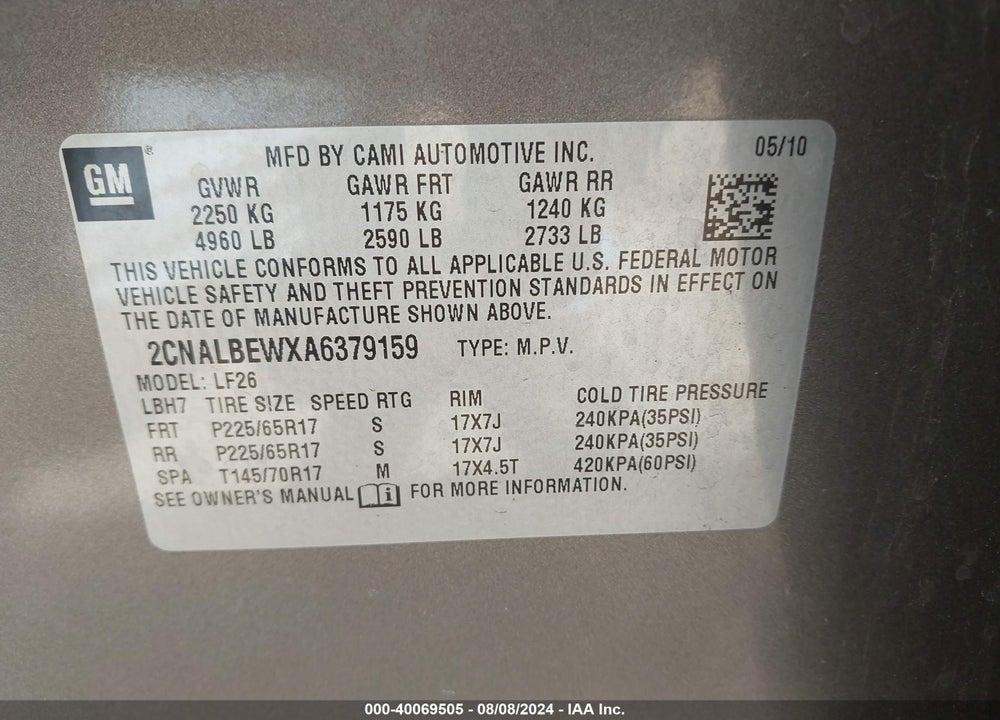 2010 CHEVROLET EQUINOX LS VIN: 2CNALBEWXA6379159