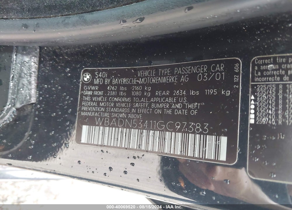 2001 BMW 540I VIN: WBADN53411GC97383