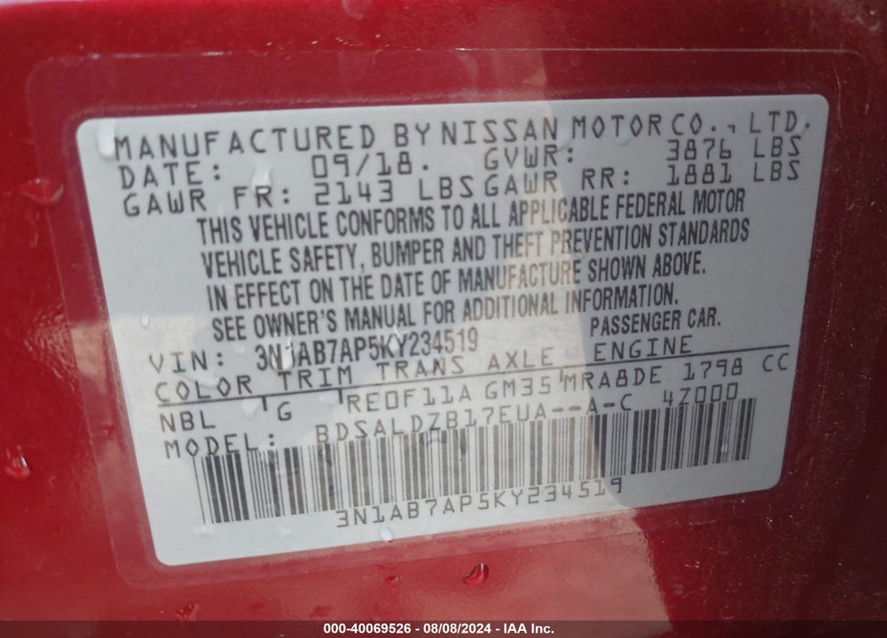 2019 NISSAN SENTRA VIN: 3N1AB7AP5KY234519