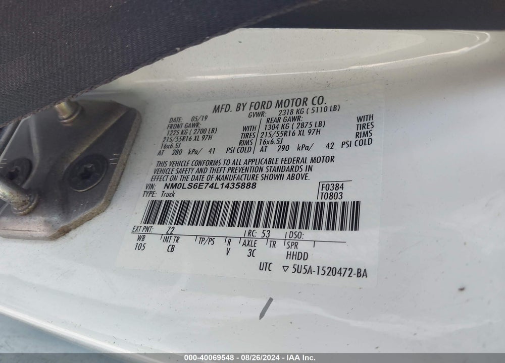 2020 FORD TRANSIT CONNECT XL VIN: NM0LS6E74L1435888