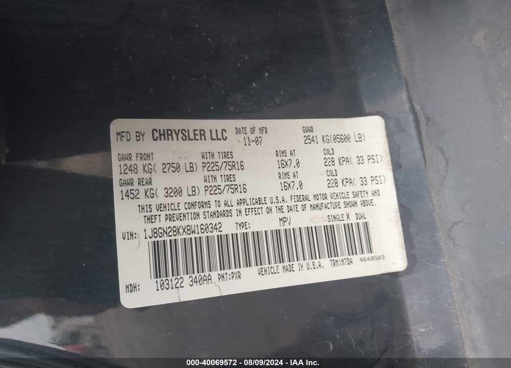 2008 JEEP LIBERTY SPORT VIN: 1J8GN28KX8W160342