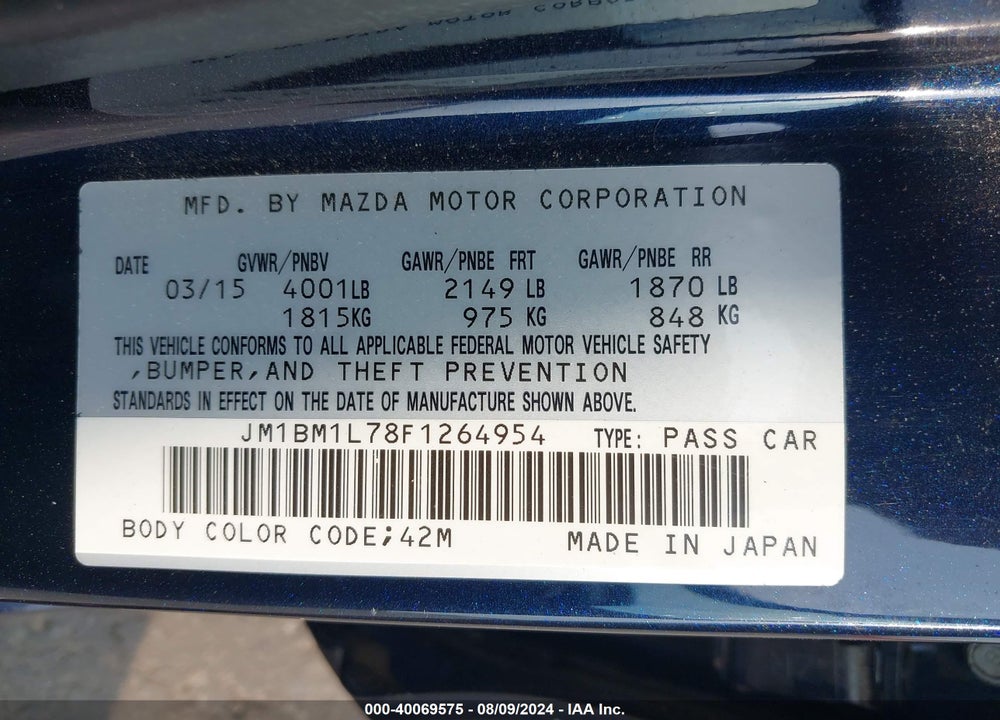 2015 MAZDA 3 I TOURING VIN: JM1BM1L78F1264954