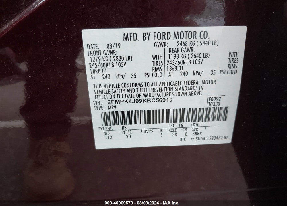 2019 FORD EDGE SEL VIN: 2FMPK4J99KBC56910
