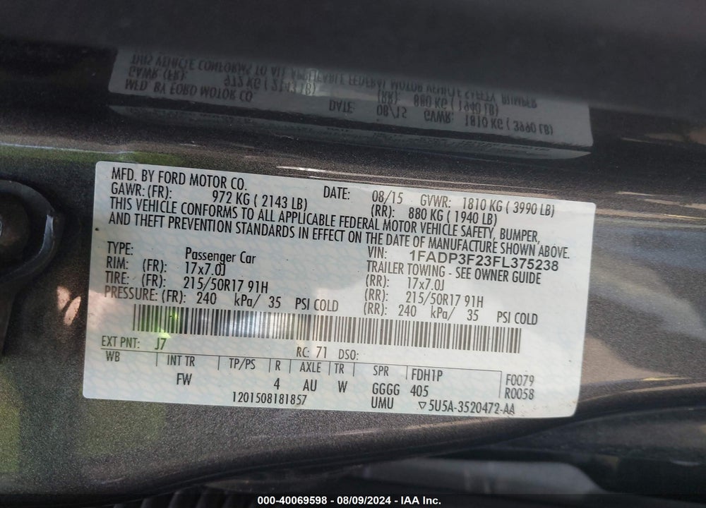 2015 FORD FOCUS SE VIN: 1FADP3F23FL375238