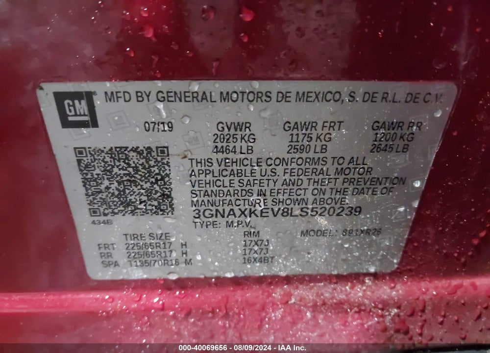 2020 CHEVROLET EQUINOX FWD LT 1.5L TURBO VIN: 3GNAXKEV8LS520239