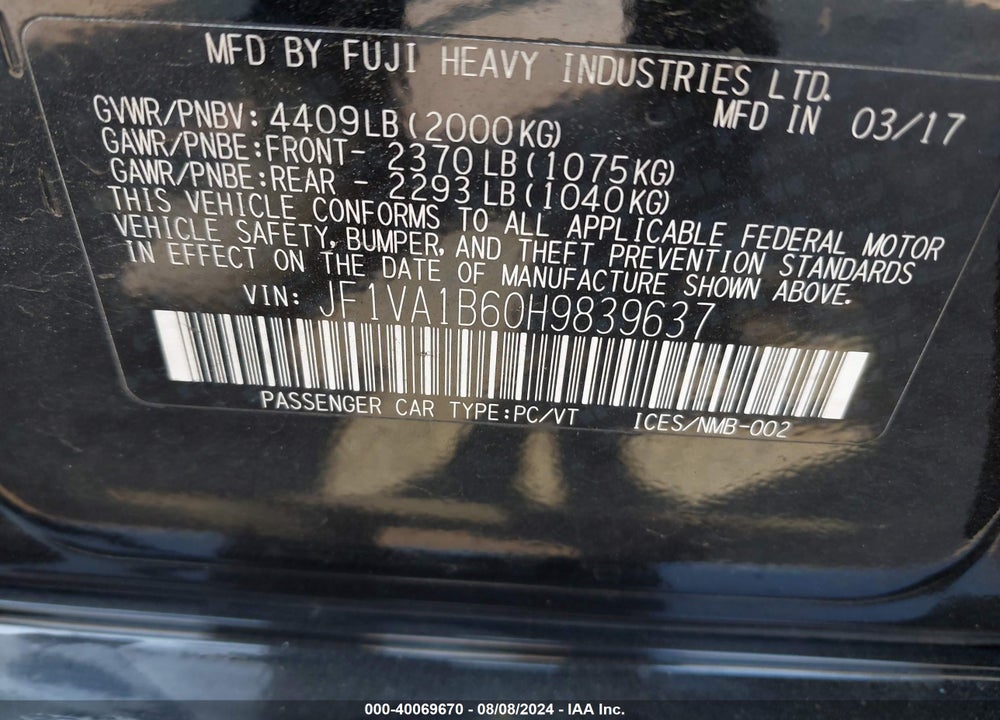 2017 SUBARU WRX VIN: JF1VA1B60H9839637
