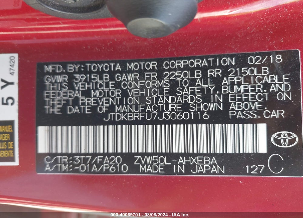 2018 TOYOTA PRIUS TWO VIN: JTDKBRFU7J3060116