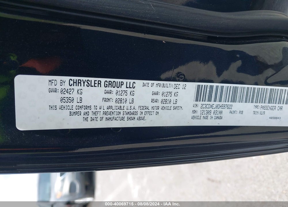 2013 DODGE CHARGER SRT8 VIN: 2C3CDXEJ0DH597622