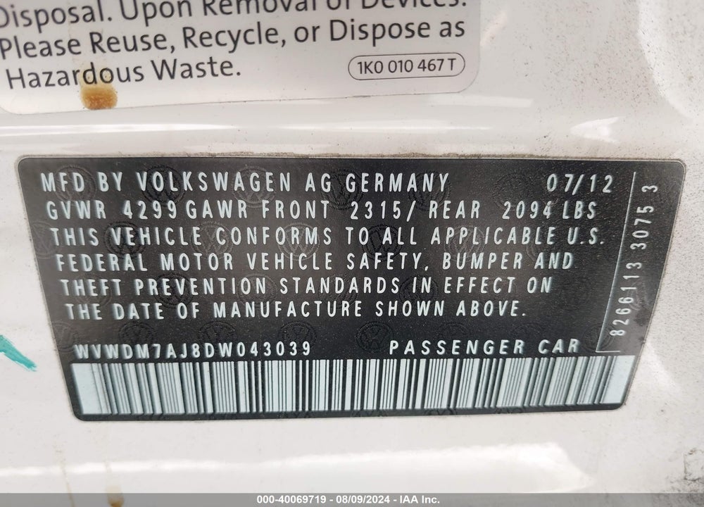 2013 VOLKSWAGEN GOLF 2.0L TDI 4-DOOR VIN: WVWDM7AJ8DW043039