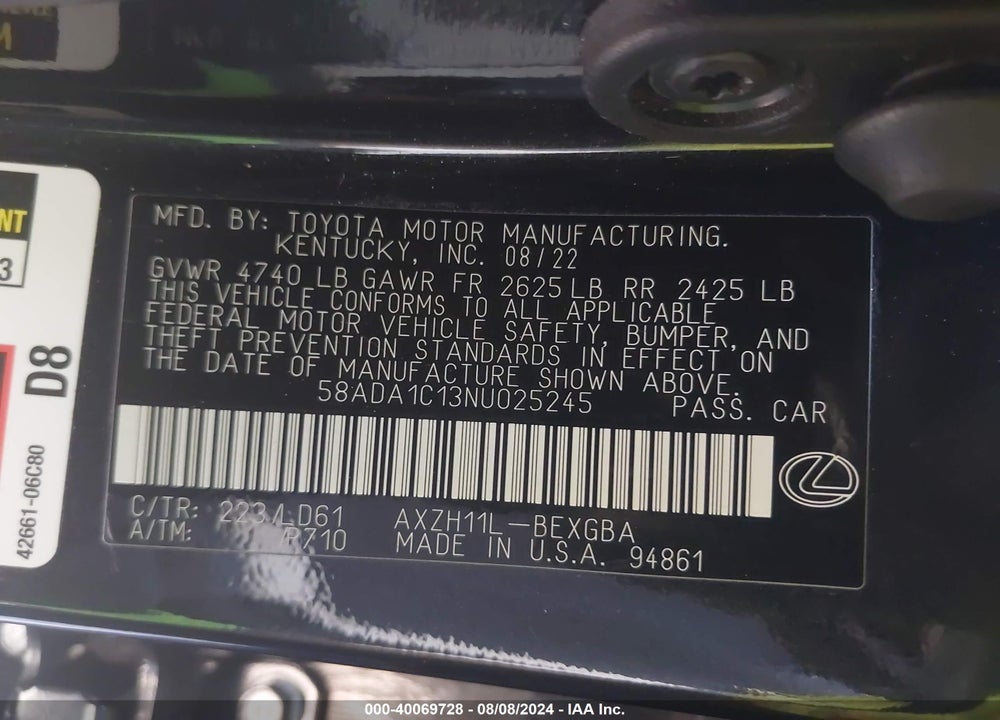 2022 LEXUS ES 300H VIN: 58ADA1C13NU025245