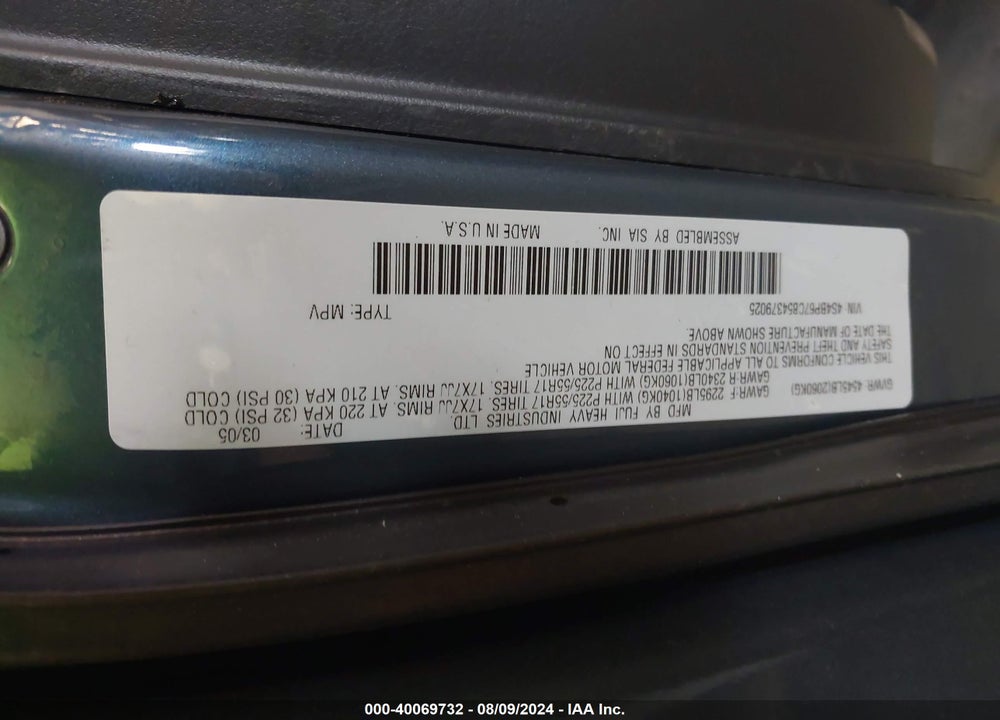 2005 SUBARU OUTBACK 2.5XT LIMITED VIN: 4S4BP67C854379025