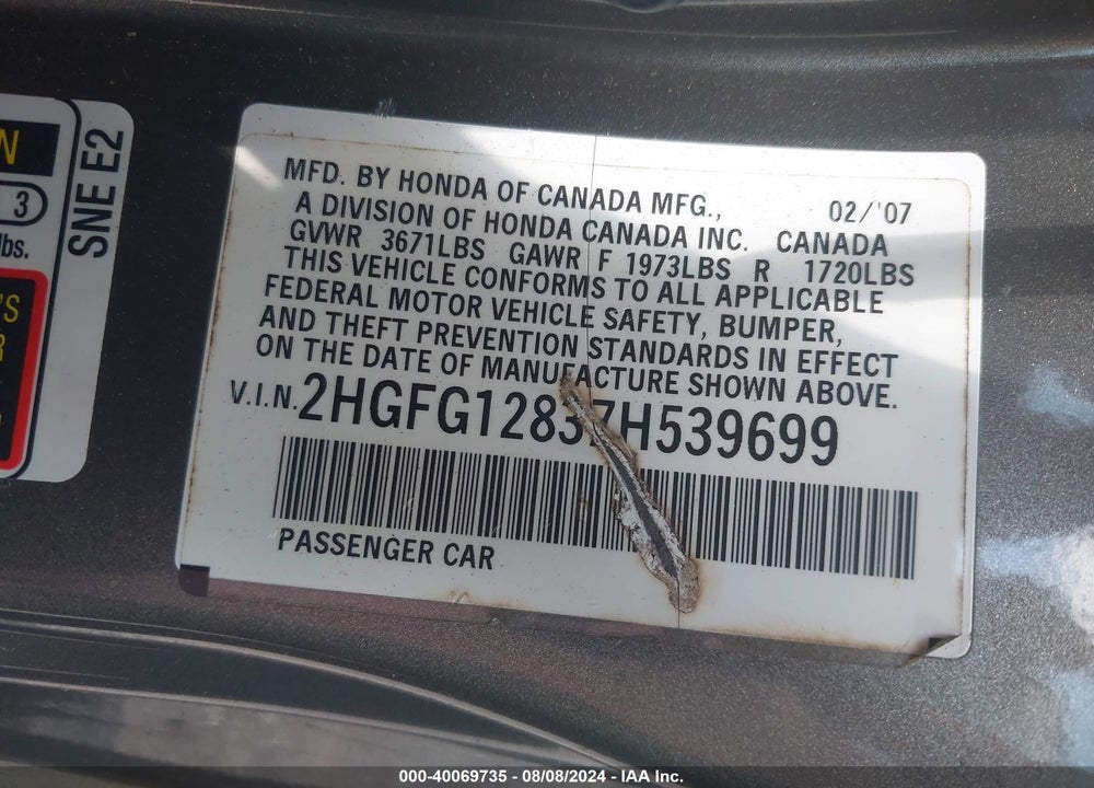 2007 HONDA CIVIC EX VIN: 2HGFG12837H539699
