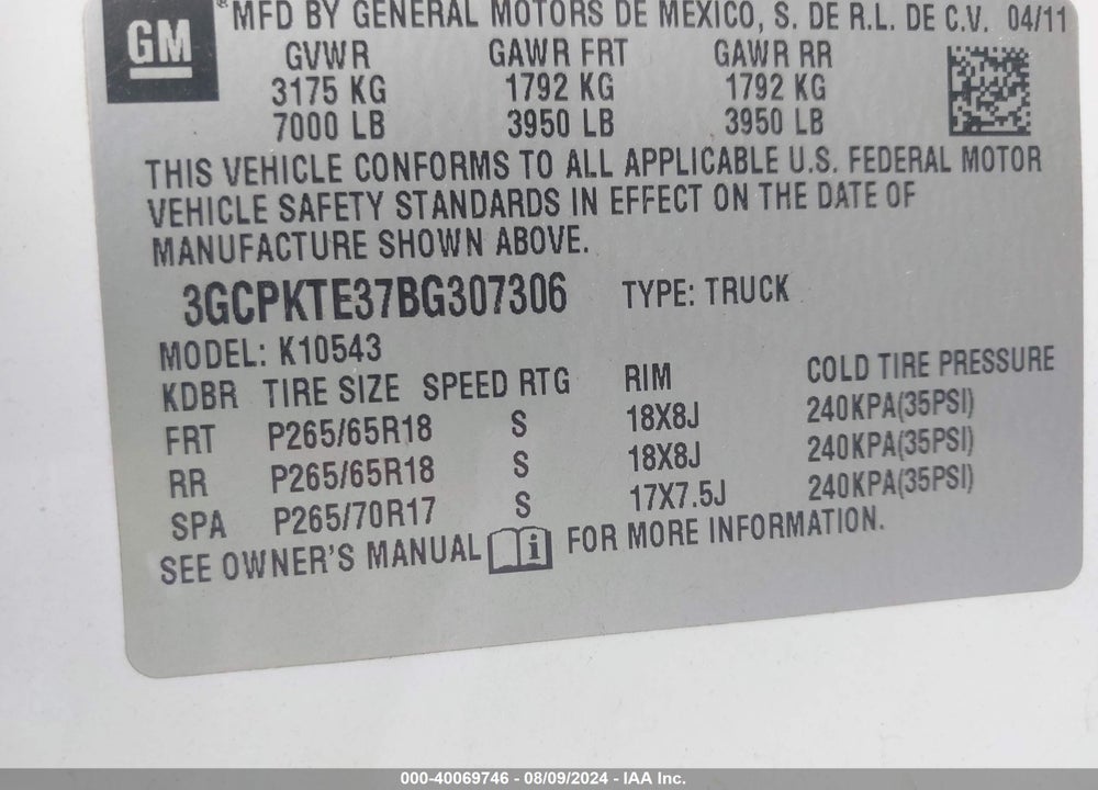2011 CHEVROLET SILVERADO 1500 LTZ VIN: 3GCPKTE37BG307306
