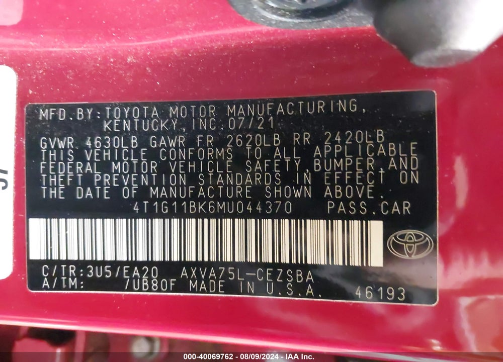 2021 TOYOTA CAMRY SE AWD VIN: 4T1G11BK6MU044370