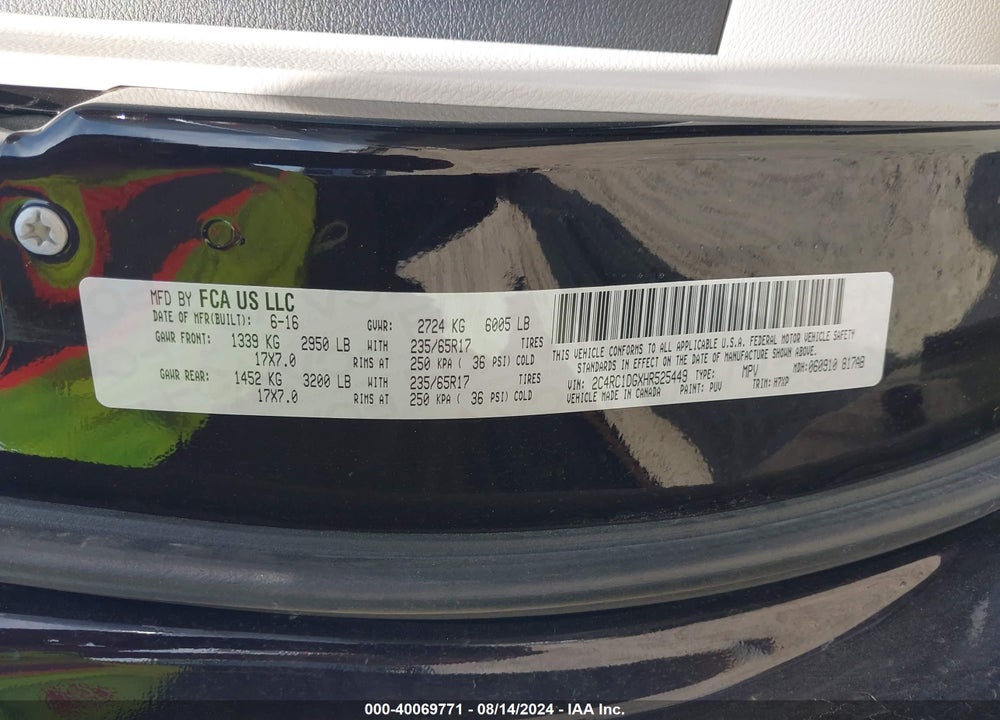 2017 CHRYSLER PACIFICA TOURING VIN: 2C4RC1DGXHR525449