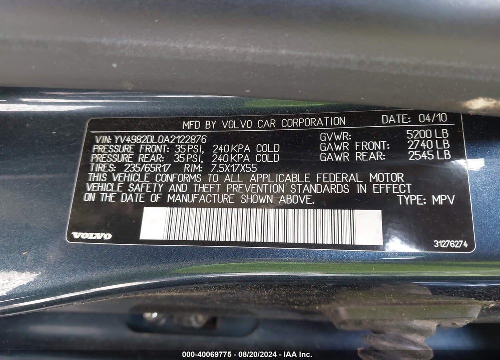 2010 VOLVO XC60 3.2 VIN: YV4982DL0A2122876