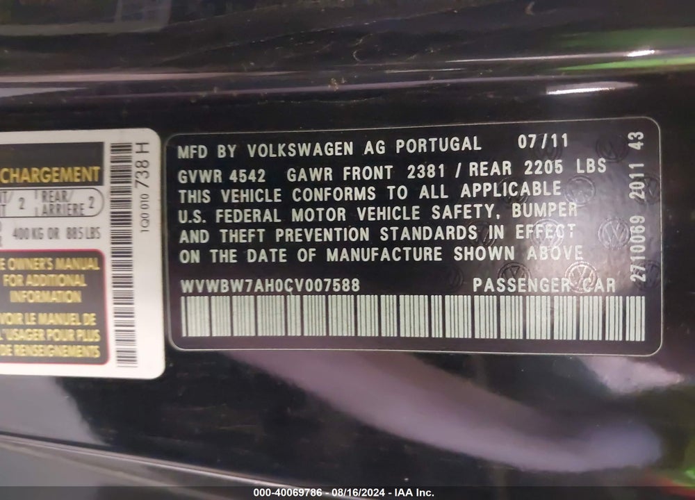 2012 VOLKSWAGEN EOS VIN: WVWBW7AH0CV007588