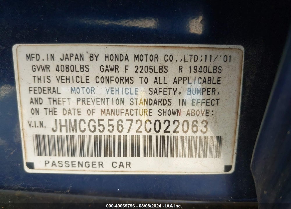 2002 HONDA ACCORD 2.3 EX VIN: JHMCG55672C022063