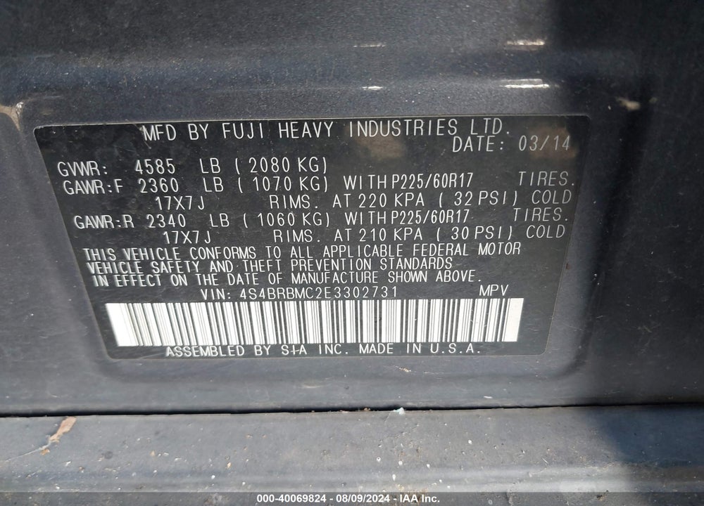 2014 SUBARU OUTBACK 2.5I LIMITED VIN: 4S4BRBMC2E3302731