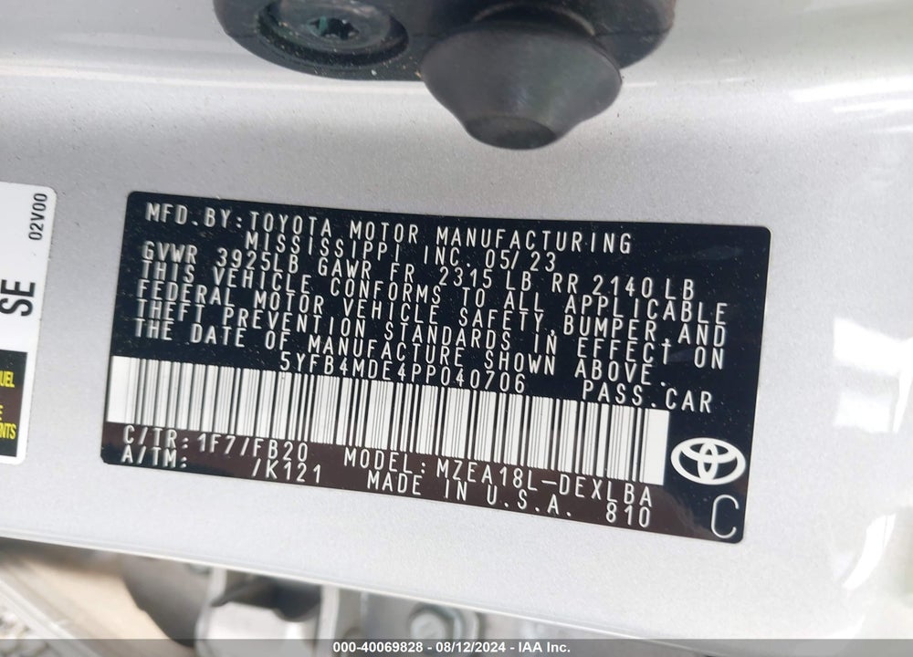 2023 TOYOTA COROLLA LE VIN: 5YFB4MDE4PP040706