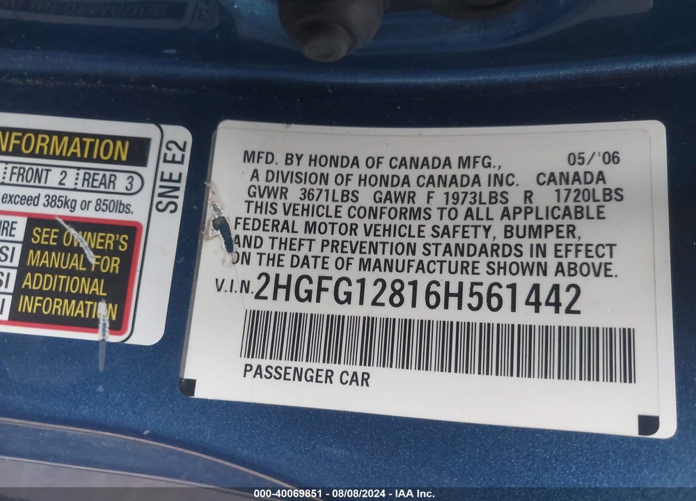 2006 HONDA CIVIC EX VIN: 2HGFG12816H561442
