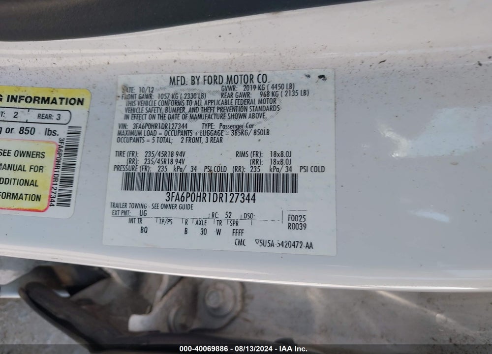 2013 FORD FUSION SE VIN: 3FA6P0HR1DR127344