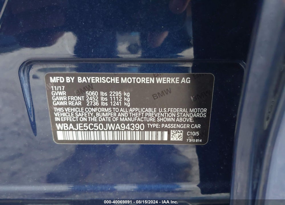 2018 BMW 540I VIN: WBAJE5C50JWA94390