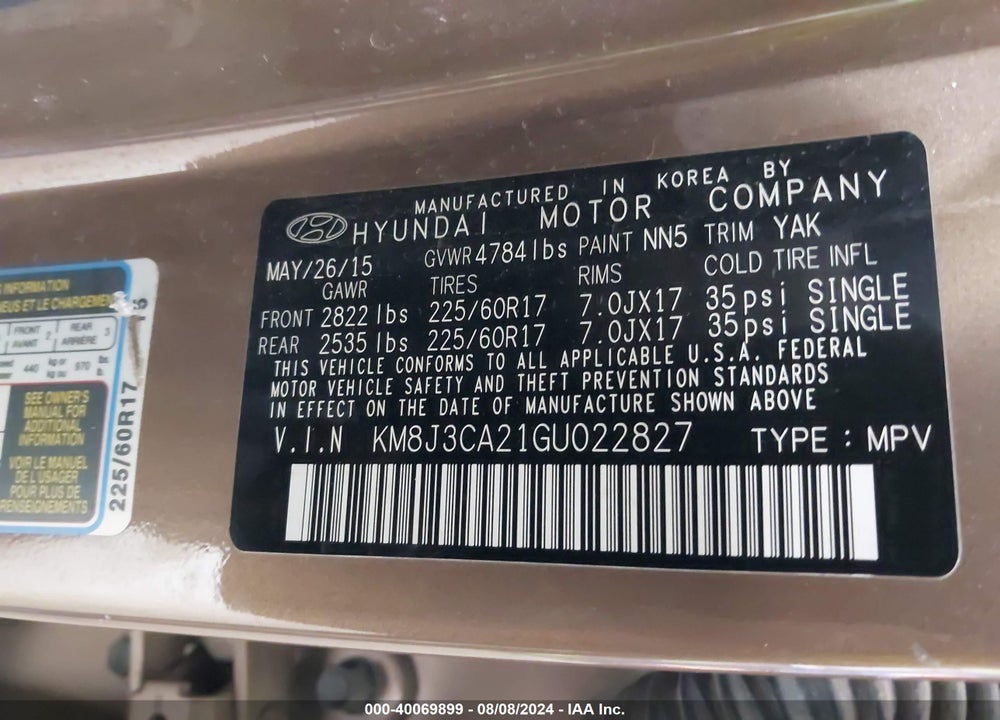 2016 HYUNDAI TUCSON ECO VIN: KM8J3CA21GU022827