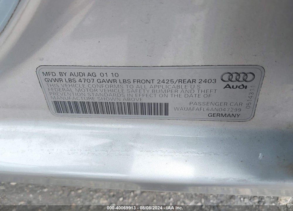 2010 AUDI A4 2.0T PREMIUM VIN: WAUAFAFL6AN047299