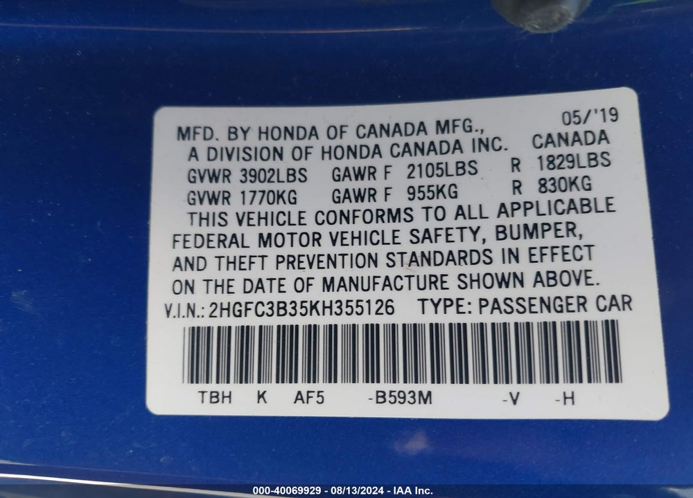 2019 HONDA CIVIC EX VIN: 2HGFC3B35KH355126