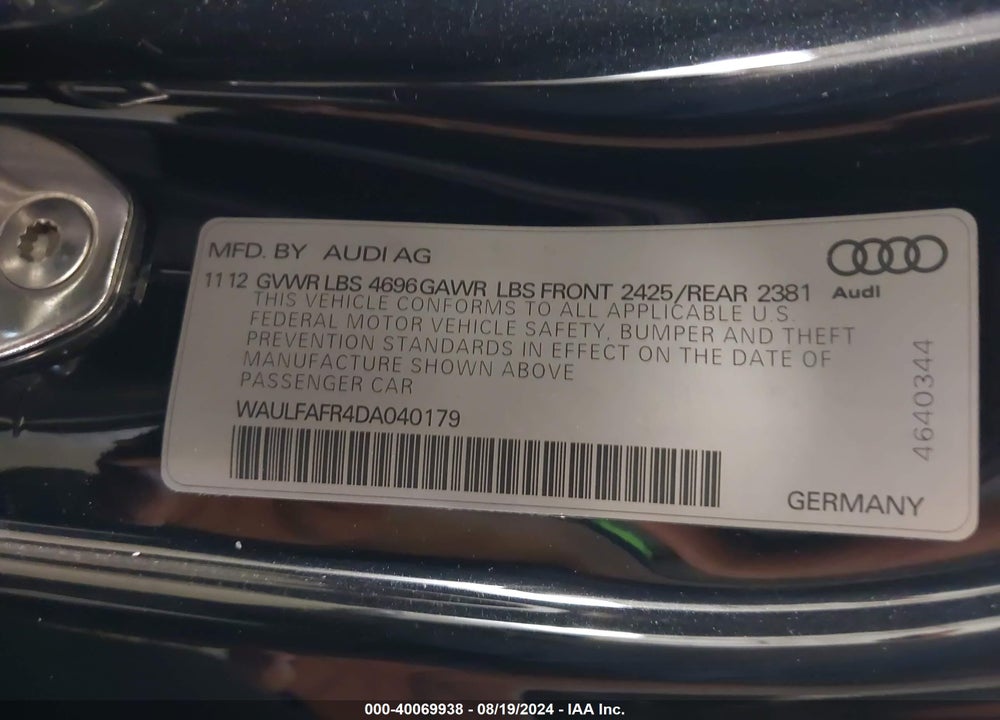 2013 AUDI A5 2.0T PREMIUM VIN: WAULFAFR4DA040179