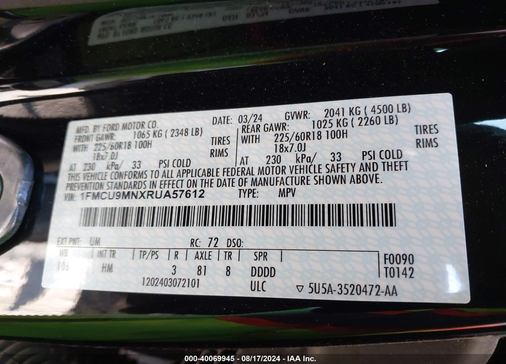 2024 FORD ESCAPE ST LINE VIN: 1FMCU9MNXRUA57612