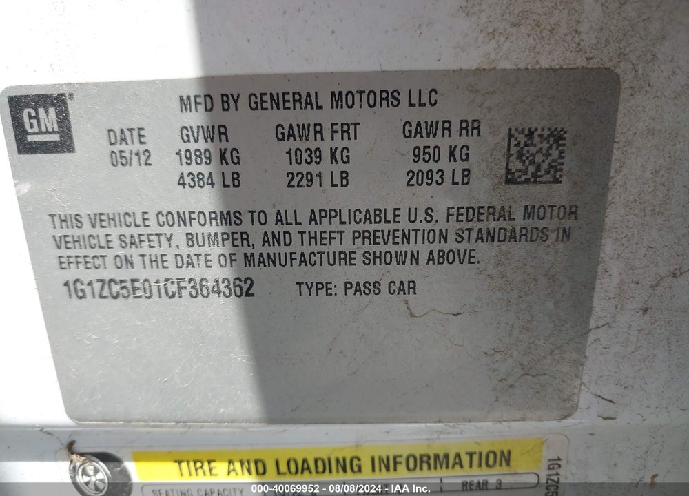 2012 CHEVROLET MALIBU 1LT VIN: 1G1ZC5E01CF364362