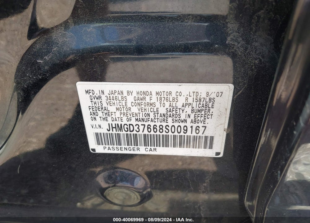 2008 HONDA FIT SPORT VIN: JHMGD37668S009167