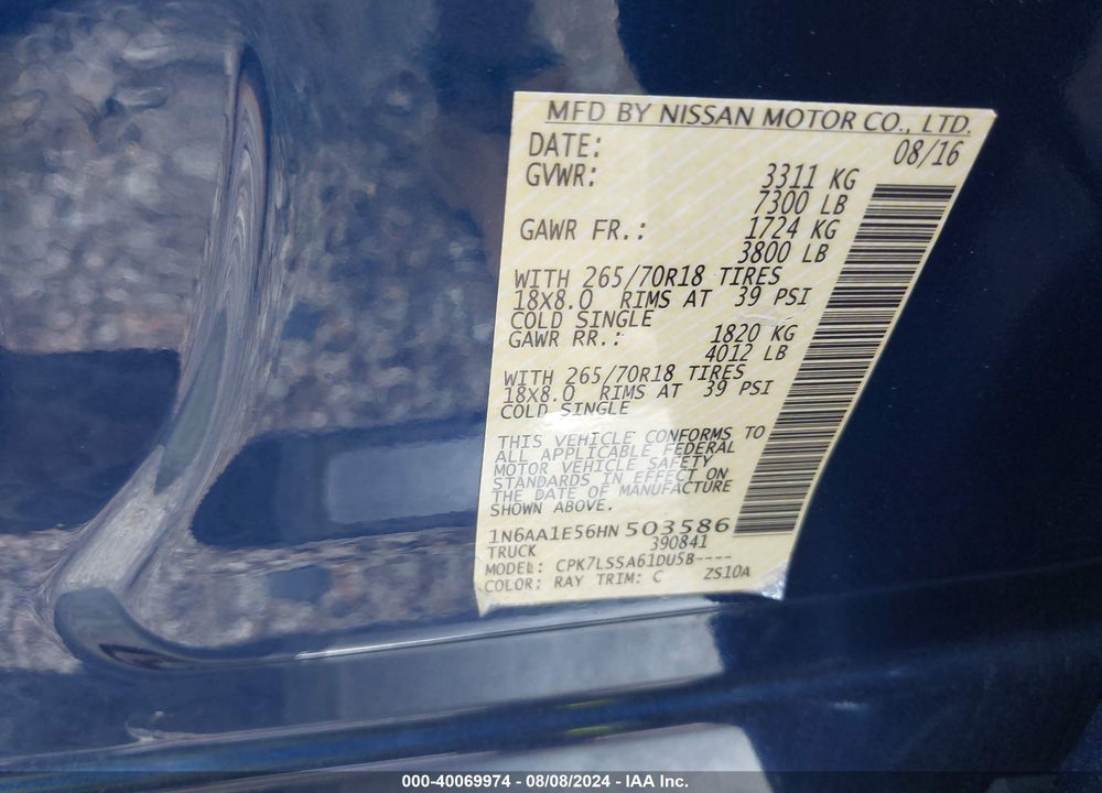 2017 NISSAN TITAN SV VIN: 1N6AA1E56HN503586