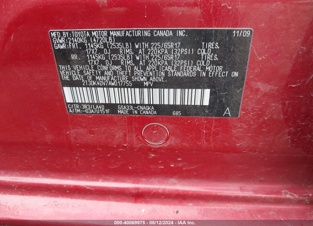 2010 TOYOTA RAV4 LIMITED V6 VIN: 2T3DK4DV7AW017755