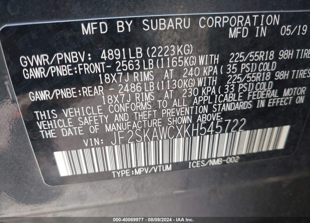 2019 SUBARU FORESTER TOURING VIN: JF2SKAWCXKH545722