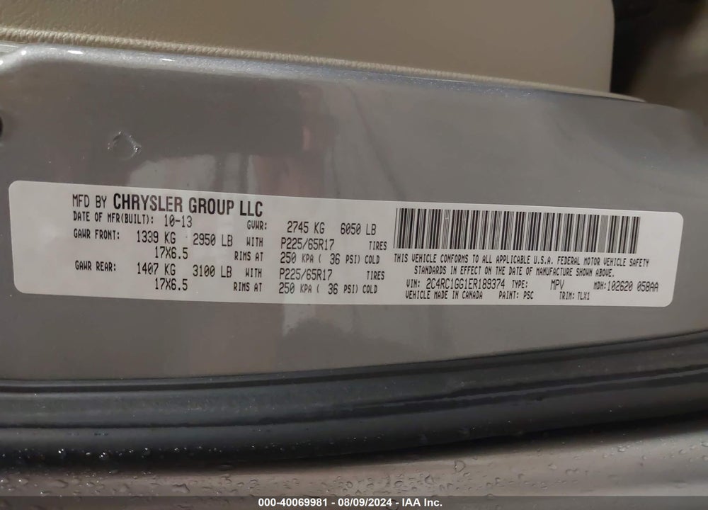 2014 CHRYSLER TOWN & COUNTRY LIMITED VIN: 2C4RC1GG1ER189374